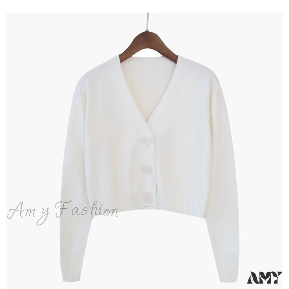 Amy Fashion - Wool Solid Girl Crop Top Cardigan White / S