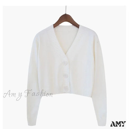 Amy Fashion - Wool Solid Girl Crop Top Cardigan White / S