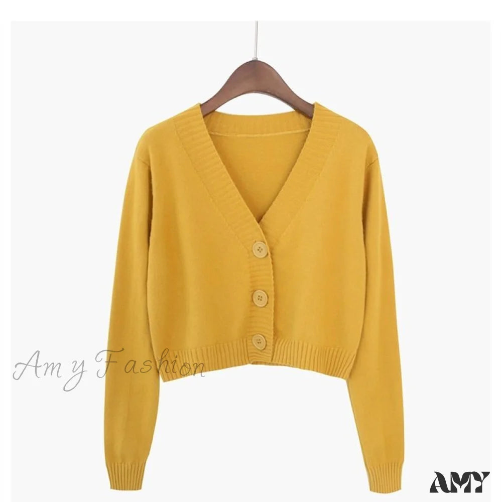 Amy Fashion - Wool Solid Girl Crop Top Cardigan Yellow / S