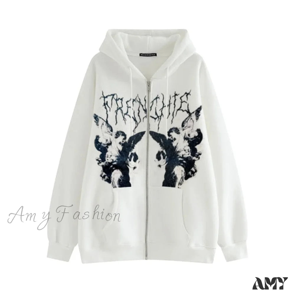 Amy Fashion - Y2K Butterfly Print Hoodies White / S