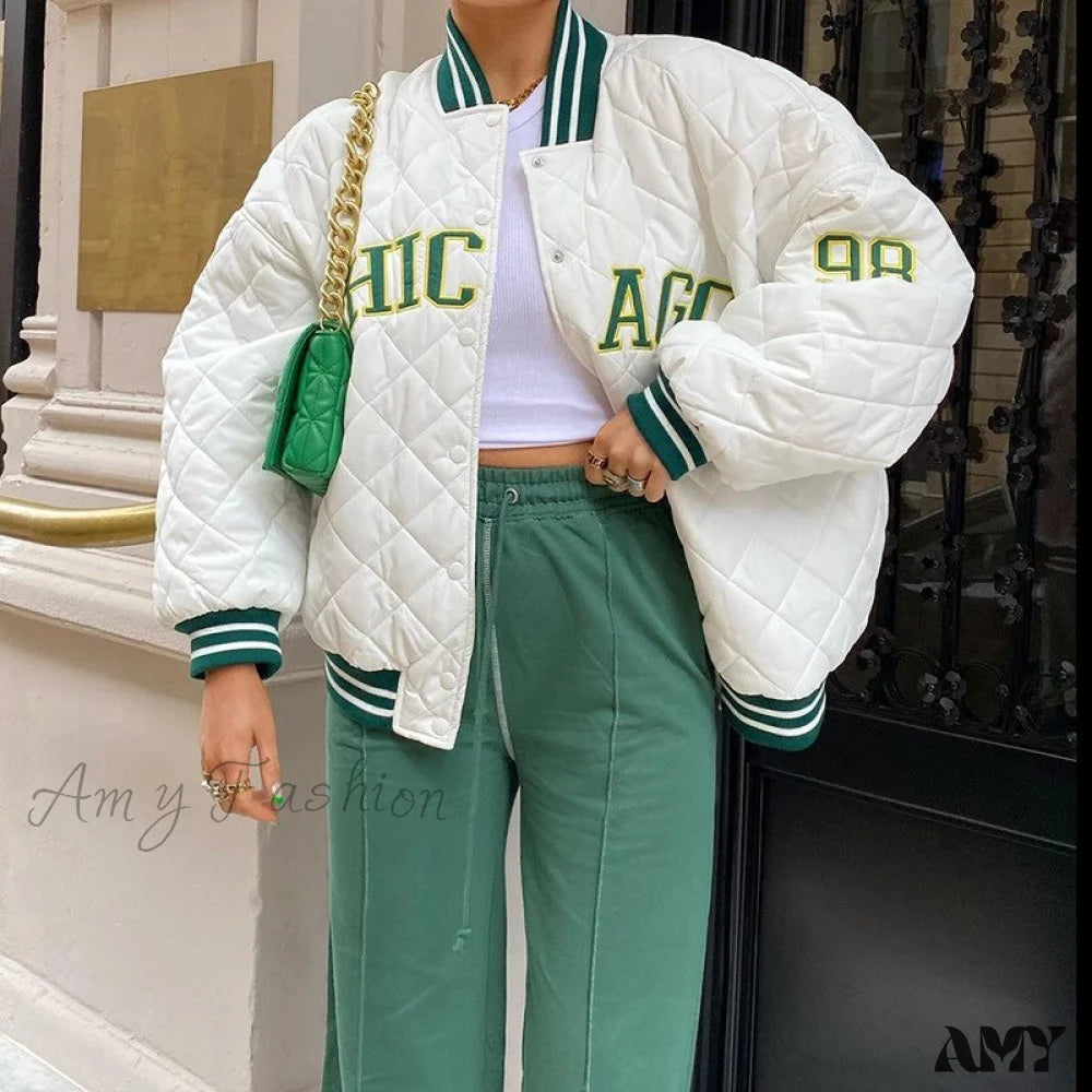 Amy Fashion - Y2K Green Print Baseball Jacket 11 / S