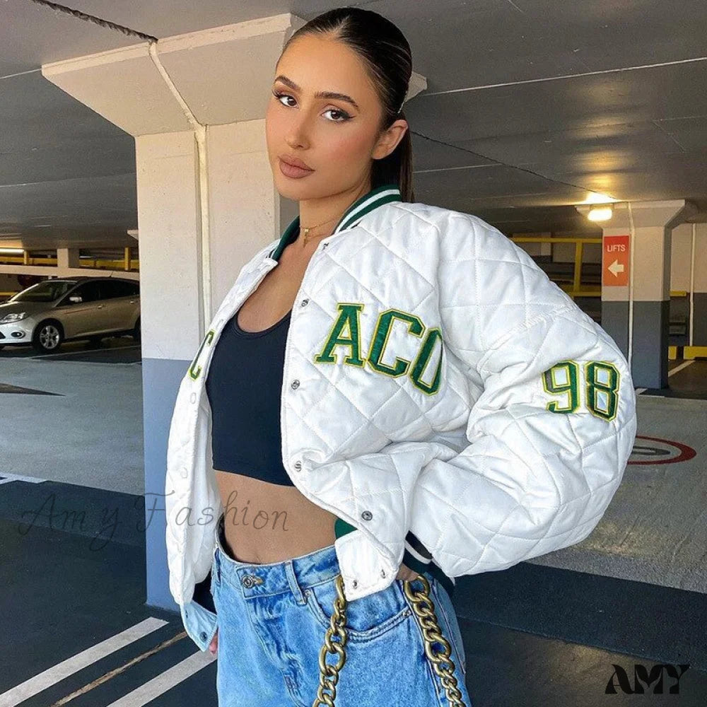 Amy Fashion - Y2K Green Print Baseball Jacket 5 / S