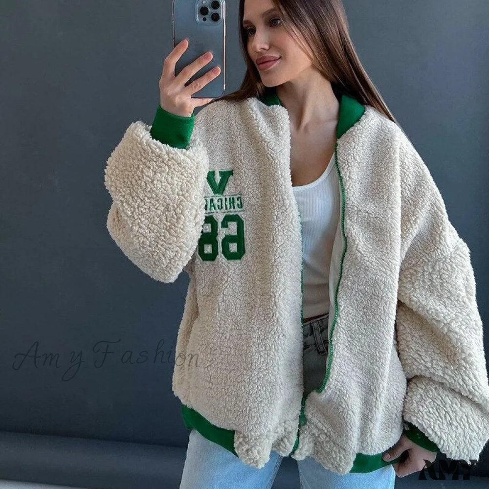 Amy Fashion - Y2K Green Print Baseball Jacket 7 / S