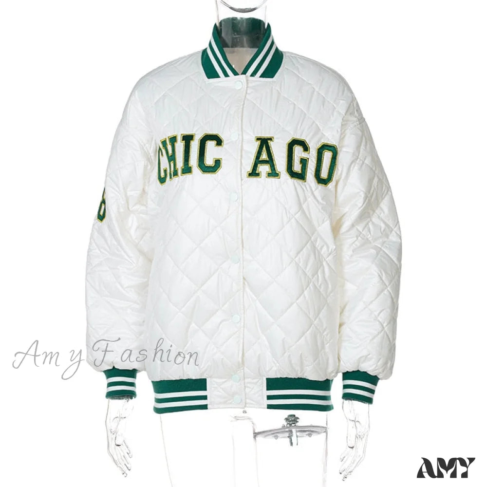 Amy Fashion - Y2K Green Print Baseball Jacket