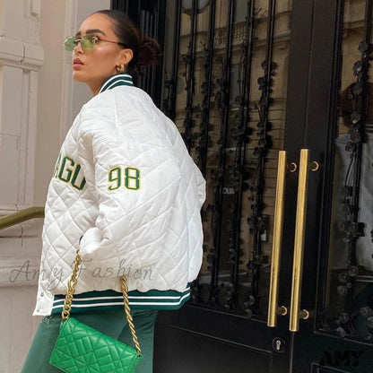 Amy Fashion - Y2K Green Print Baseball Jacket