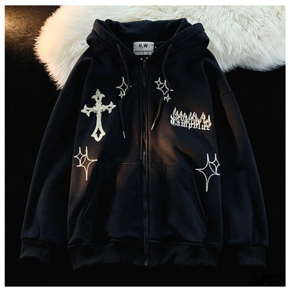 Amy Fashion - Y2K Rhinestone Skeleton Goth Hoodie