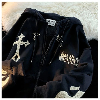 Amy Fashion - Y2K Rhinestone Skeleton Goth Hoodie Black / M