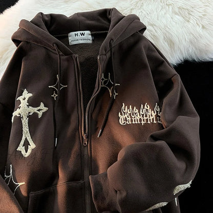 Amy Fashion - Y2K Rhinestone Skeleton Goth Hoodie Brown / M