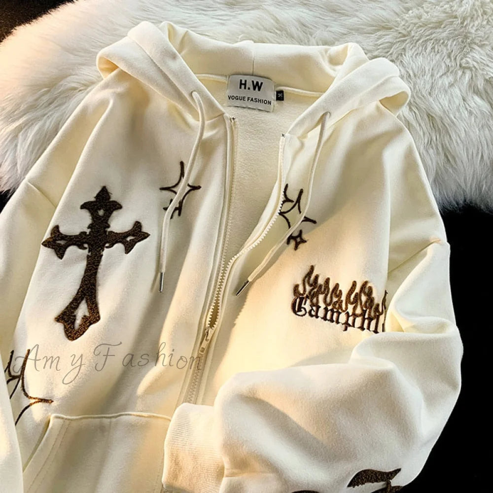 Amy Fashion - Y2K Rhinestone Skeleton Goth Hoodie White / M