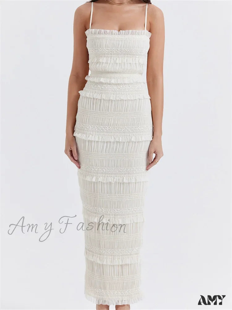 Amy Fashion - Y2K Ruched Sleeveless Strap Sling For Women Ruffles Square Neck Low Cut Back Split