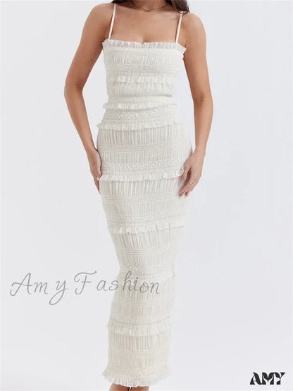 Amy Fashion - Y2K Ruched Sleeveless Strap Sling For Women Ruffles Square Neck Low Cut Back Split