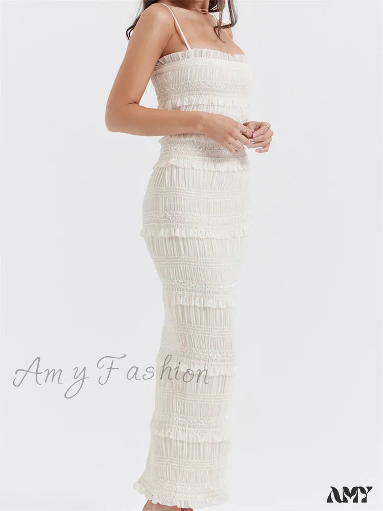 Amy Fashion - Y2K Ruched Sleeveless Strap Sling For Women Ruffles Square Neck Low Cut Back Split