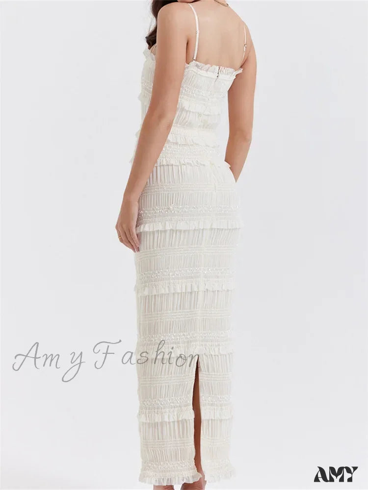 Amy Fashion - Y2K Ruched Sleeveless Strap Sling For Women Ruffles Square Neck Low Cut Back Split