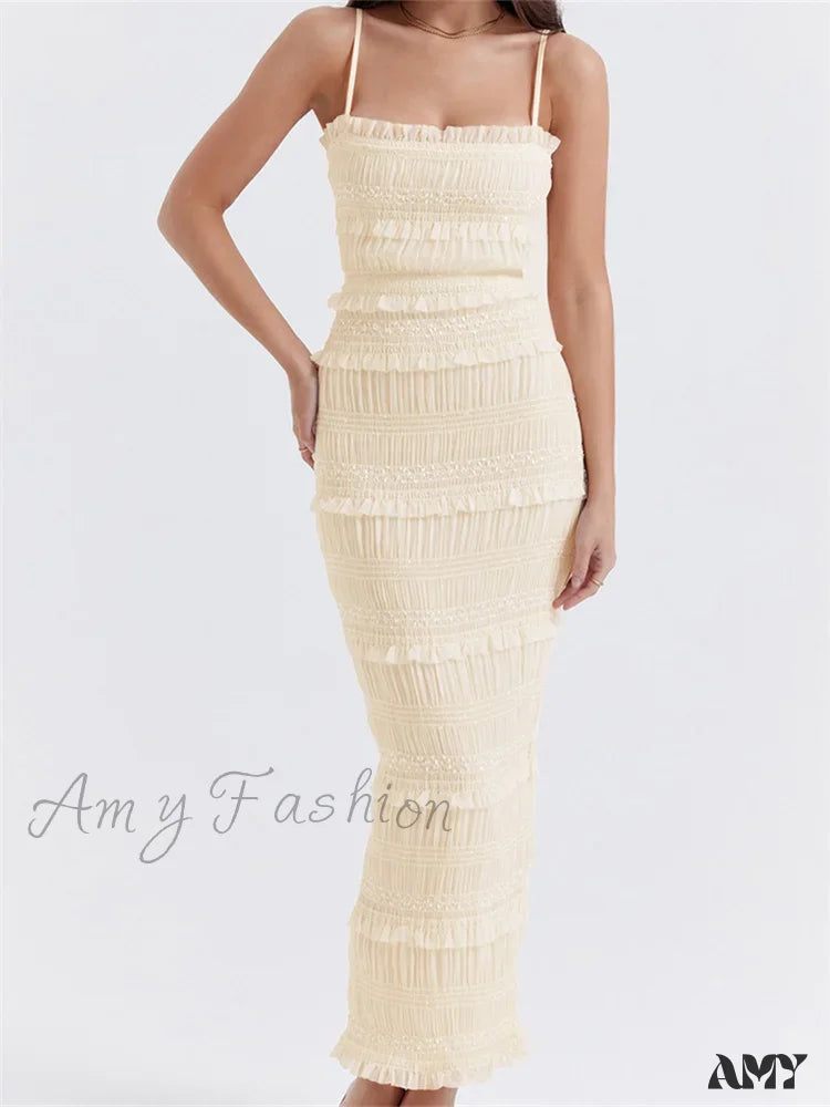 Amy Fashion - Y2K Ruched Sleeveless Strap Sling For Women Ruffles Square Neck Low Cut Back Split