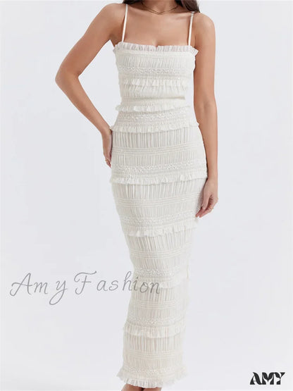 Amy Fashion - Y2K Ruched Sleeveless Strap Sling For Women Ruffles Square Neck Low Cut Back Split