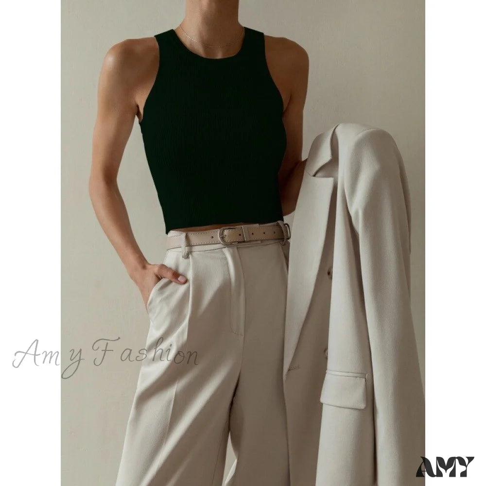 Amy Fashion - Y2K Sleeveless Knitted Crop Tops Black / S
