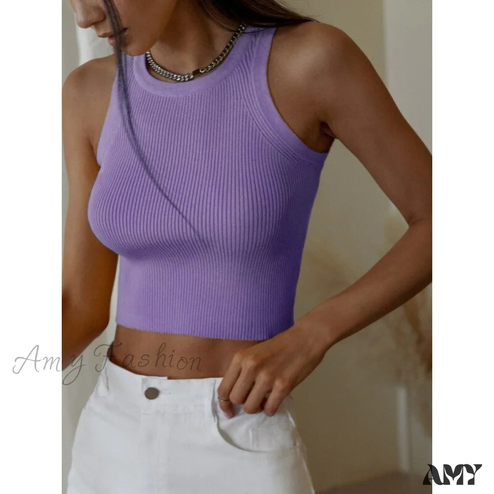 Amy Fashion - Y2K Sleeveless Knitted Crop Tops Purple / S
