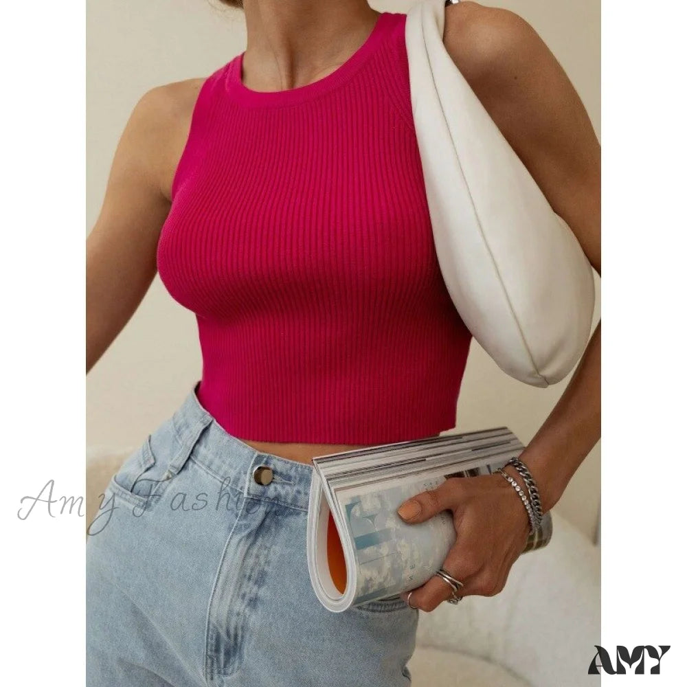 Amy Fashion - Y2K Sleeveless Knitted Crop Tops Rose Red / S