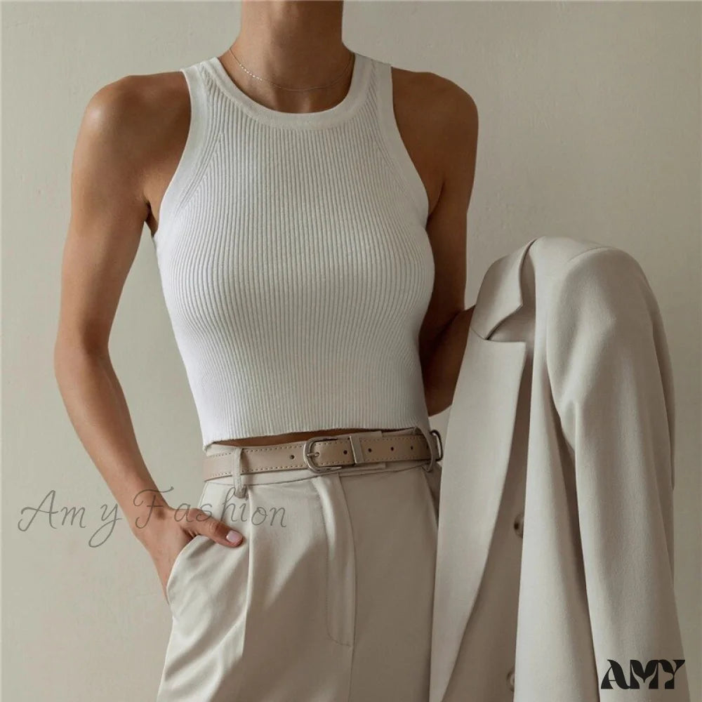Amy Fashion - Y2K Sleeveless Knitted Crop Tops White / S