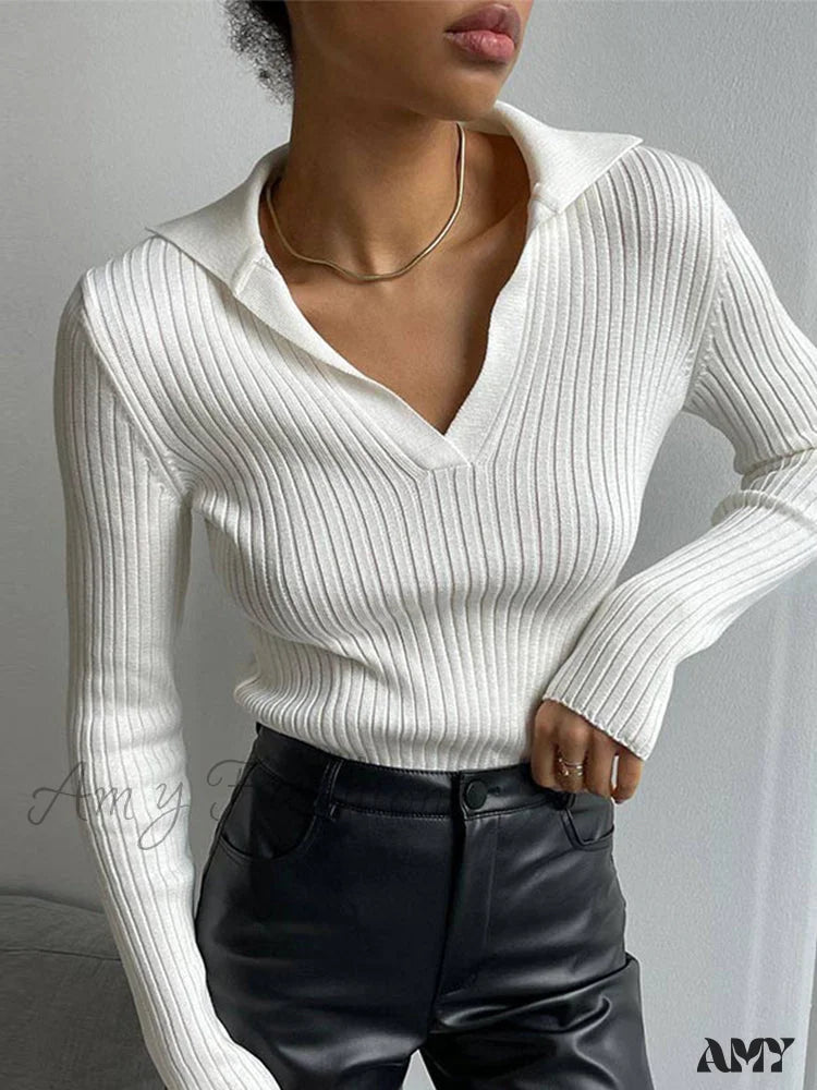 Amy Fashion - Y2K Solid Color Casual Knitted Sweater Pullover White / One Size