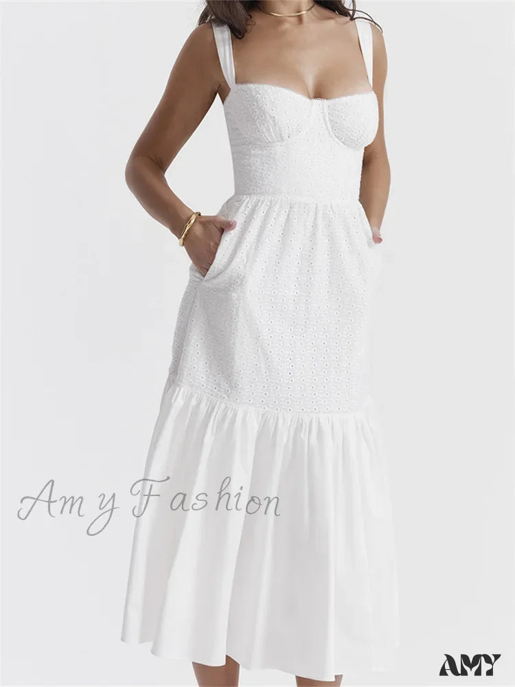 Amy Fashion - Y2K Square Neck Lace For Women Low Cut Sleeveless Spaghetti Strap White Summer Female