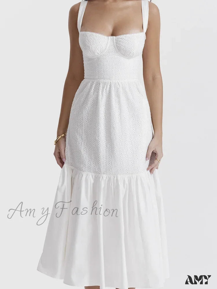 Amy Fashion - Y2K Square Neck Lace For Women Low Cut Sleeveless Spaghetti Strap White Summer Female