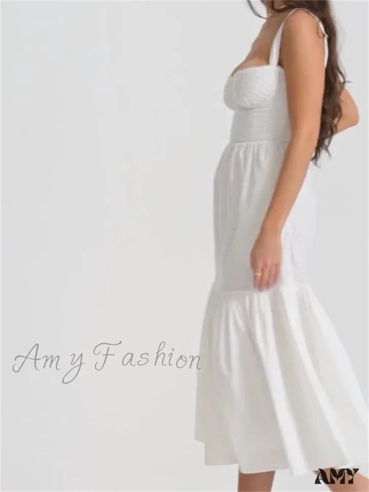 Amy Fashion - Y2K Square Neck Lace For Women Low Cut Sleeveless Spaghetti Strap White Summer Female