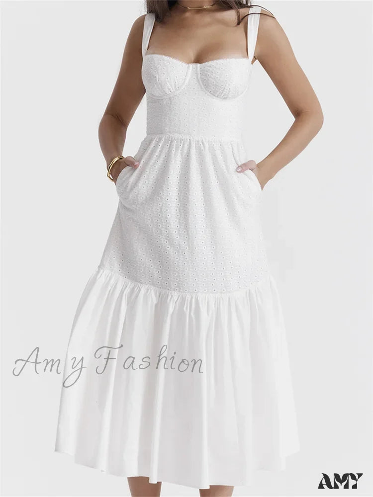 Amy Fashion - Y2K Square Neck Lace For Women Low Cut Sleeveless Spaghetti Strap White Summer Female