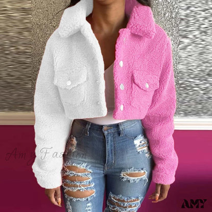 Amy Fashion - Yellow Blue Color Block Spliced Crop Jackets Pink White / S