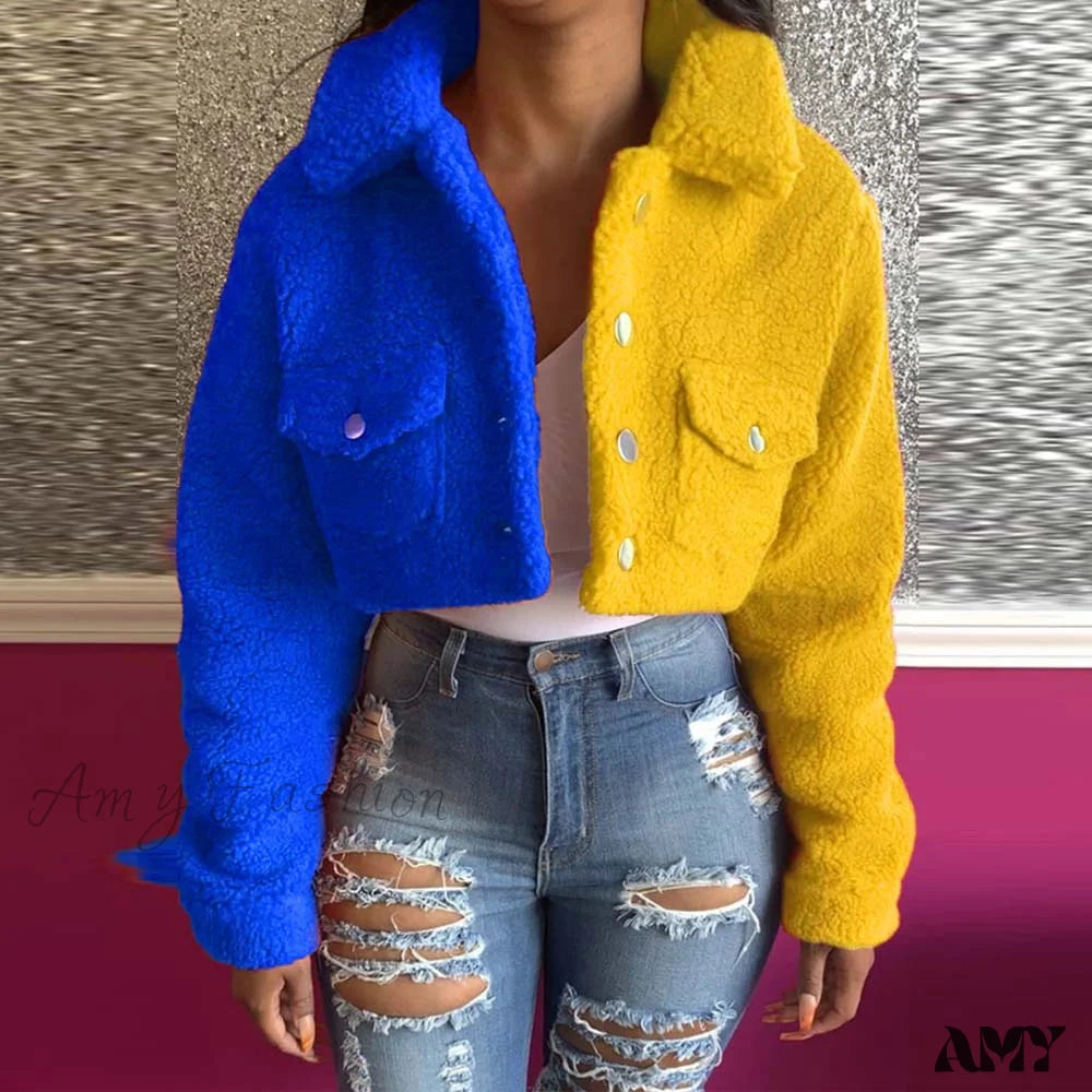 Amy Fashion - Yellow Blue Color Block Spliced Crop Jackets / S