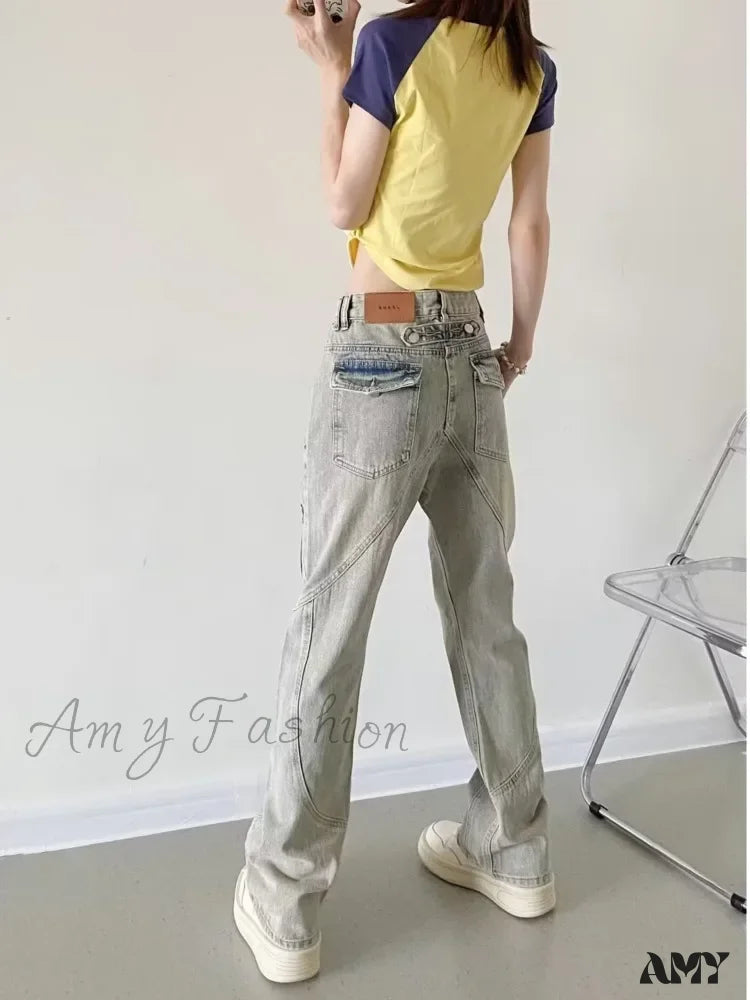 Amy Fashion - Yellow Mud Color Street Zippered High Trendy Slimming Micro Flared Jean