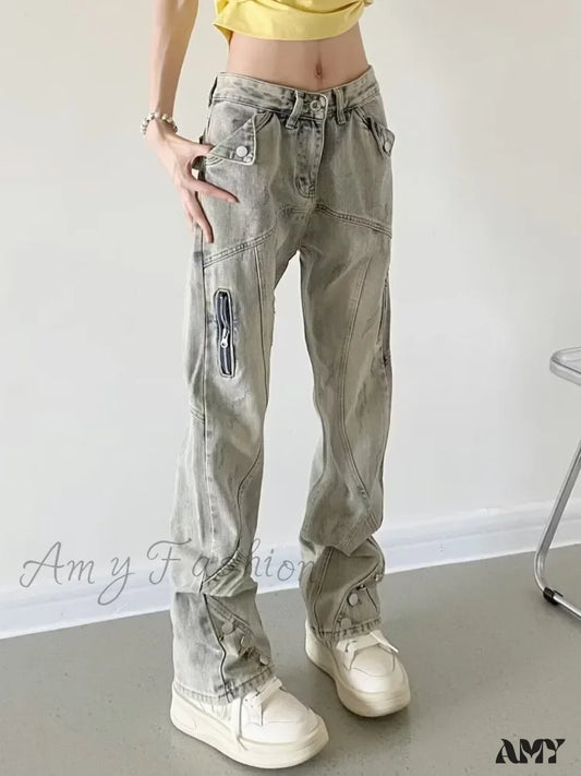 Amy Fashion - Yellow Mud Color Street Zippered High Trendy Slimming Micro Flared Jean