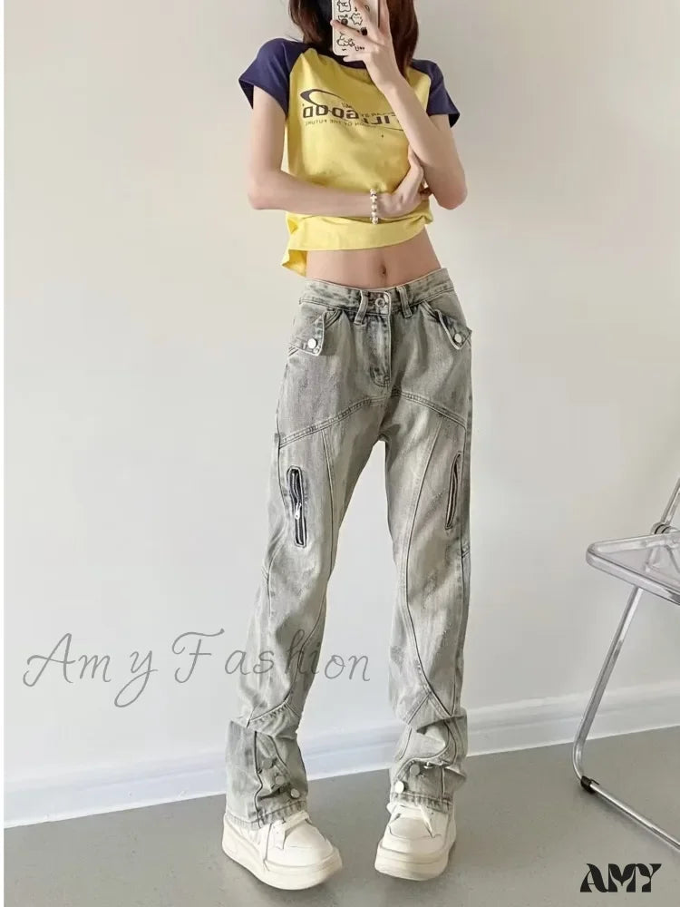 Amy Fashion - Yellow Mud Color Street Zippered High Trendy Slimming Micro Flared Jean Mud Color / S