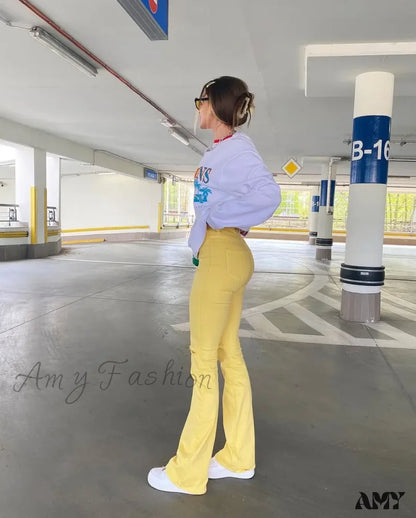 Amy Fashion - Yellow Ripped Women Flare Lady Stretch Vintage High Waist Denim Pants Y2K Punk