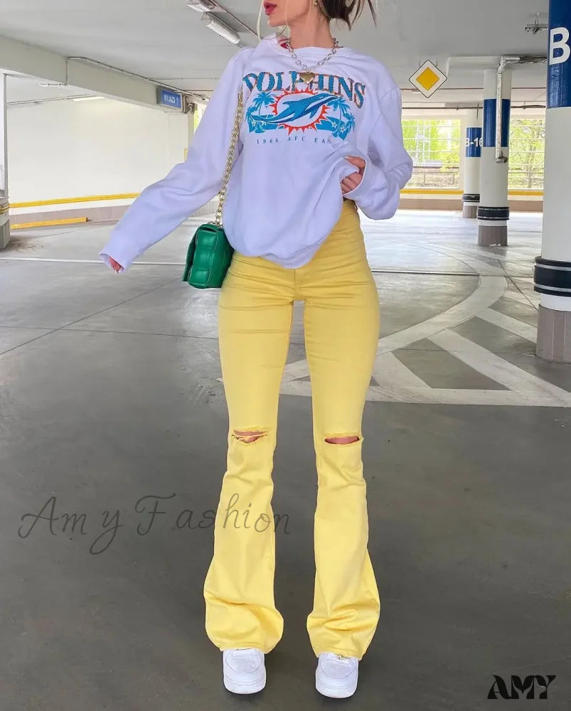 Amy Fashion - Yellow Ripped Women Flare Lady Stretch Vintage High Waist Denim Pants Y2K Punk