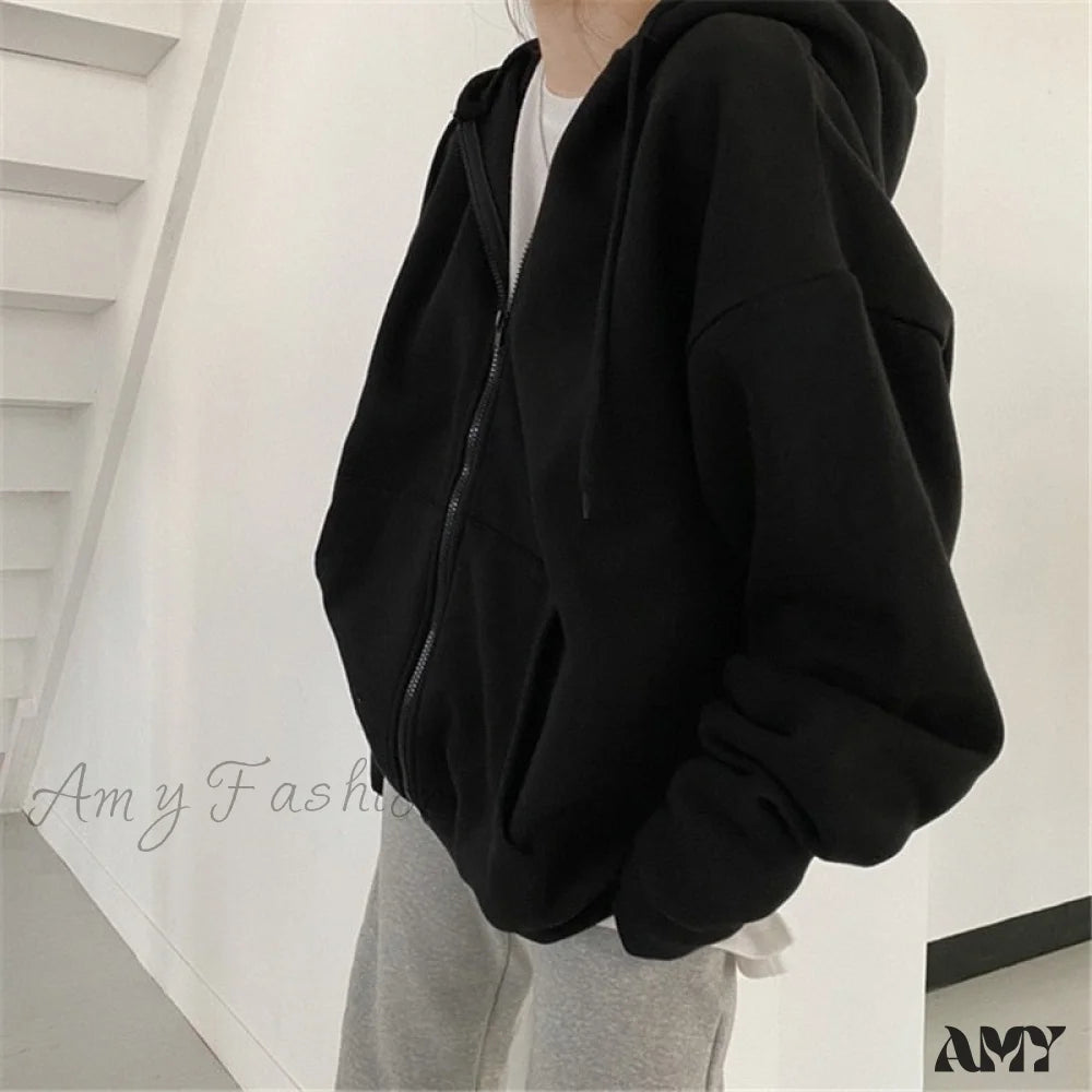 Amy Fashion - Zip Up Streetwear Letter Printed Hoodies Black 2 / S