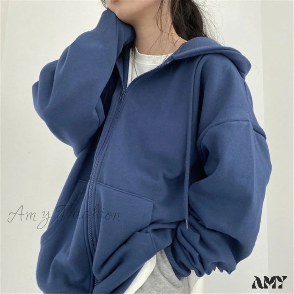 Amy Fashion - Zip Up Streetwear Letter Printed Hoodies Blue 2 / S