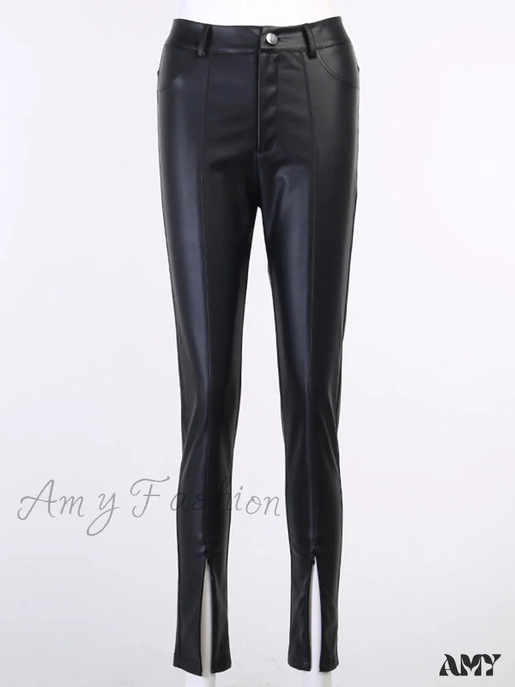 Amy Fashion - Zipper Skinny Faux Leather Pants