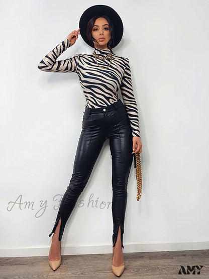 Amy Fashion - Zipper Skinny Faux Leather Pants Black / S