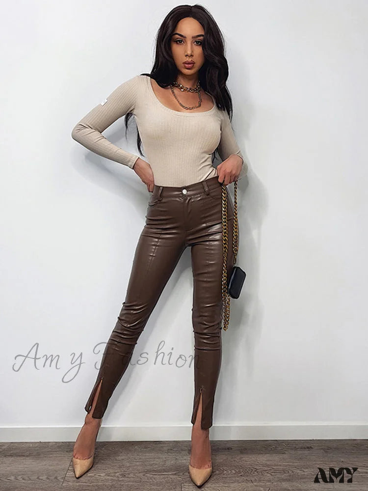 Amy Fashion - Zipper Skinny Faux Leather Pants Brown / S