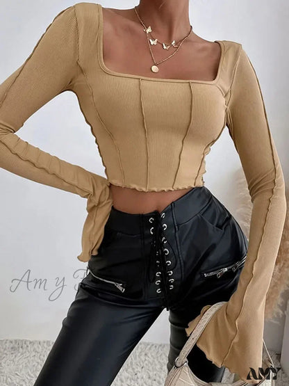 Amy - Long Sleeve Black Backless Sexy Y2K Knitted Crop Top