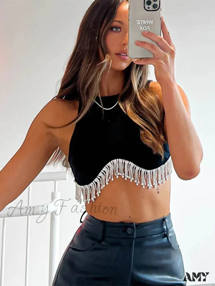 Amy - Rhinestone Tassel Crewneck Elegant Long Sleeve T-Shirt Crop Top