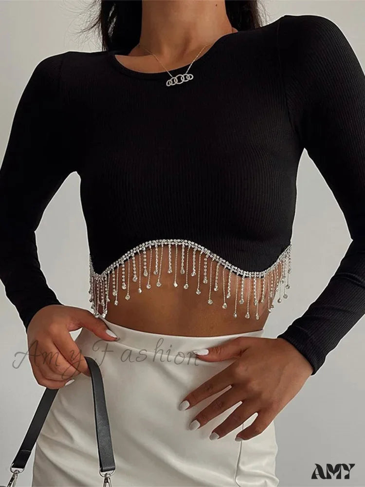 Amy - Rhinestone Tassel Crewneck Elegant Long Sleeve T-Shirt Crop Top