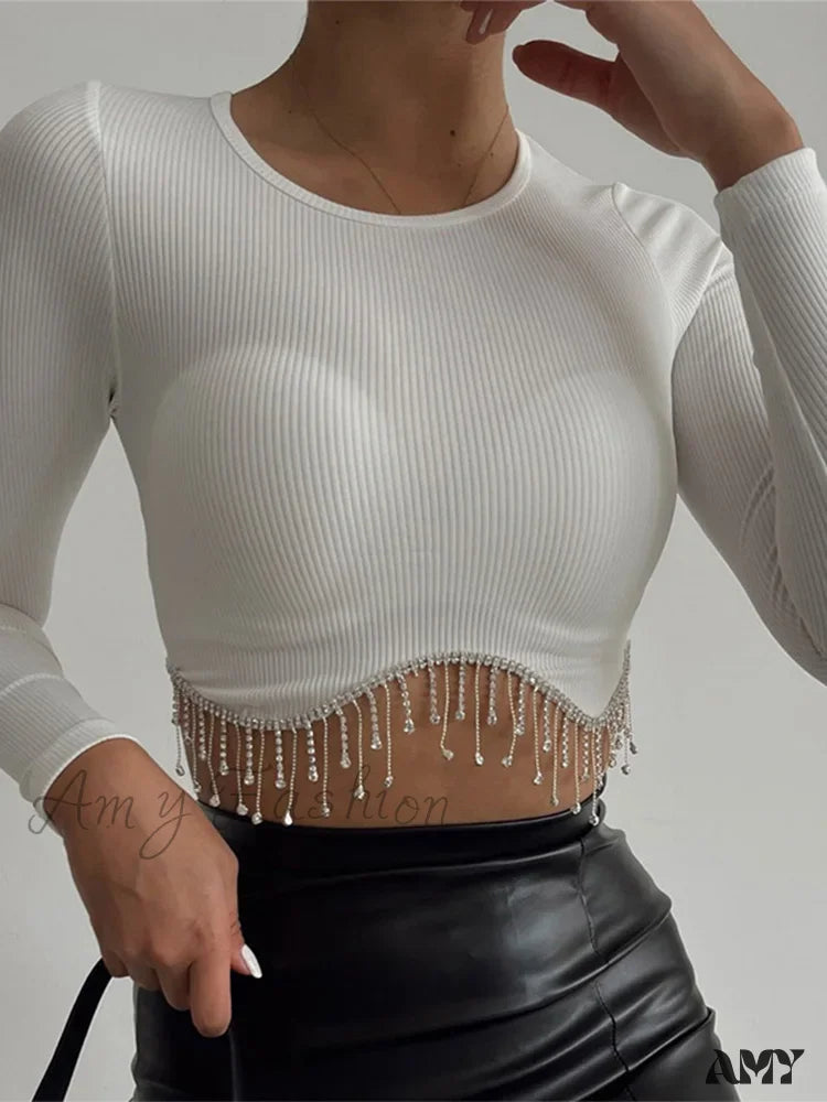 Amy - Rhinestone Tassel Crewneck Elegant Long Sleeve T-Shirt Crop Top