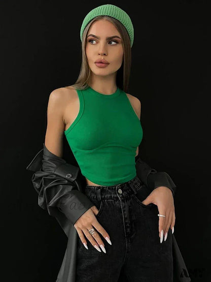 Amy - Ribbed Solid Skinny Sleeveless Body-Shaping Streetwear Crop Top