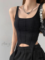 Amy - Safari Style Sleeveless Irregular Sort Tops Crop Top