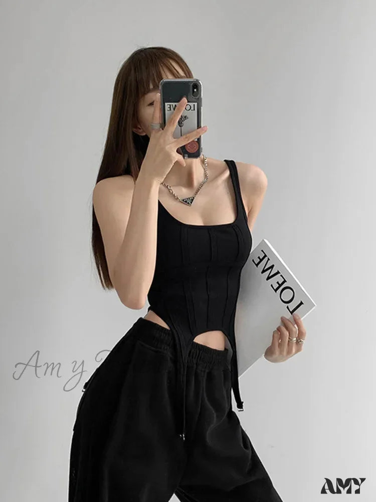 Amy - Safari Style Sleeveless Irregular Sort Tops Crop Top