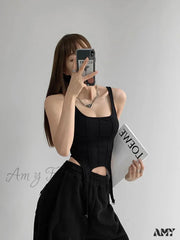 Amy - Safari Style Sleeveless Irregular Sort Tops Crop Top