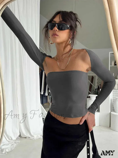 Amy - Sexy Bra Tie Waist Long Sleeve Tight Cover Crop Top