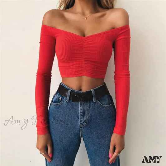 Amy - Sexy Club Fashion Off Shoulder Solid Color Autumn Crop Top